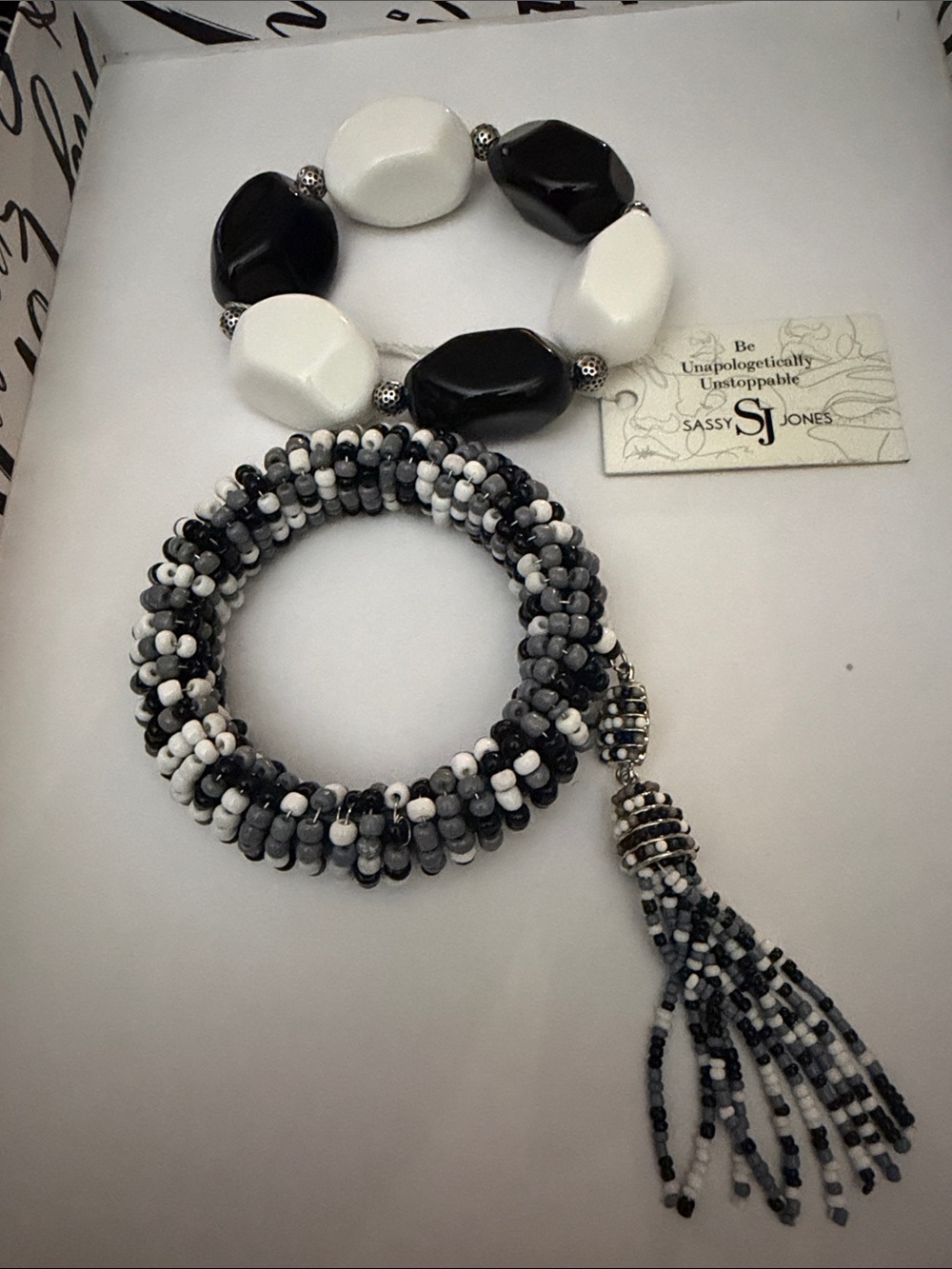 Sassy Jones Black and White Beaded Bracelet Set with Tassel Coil